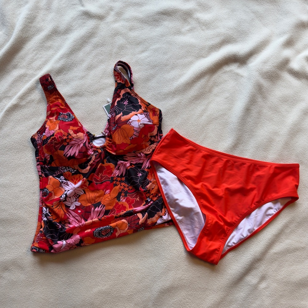 Floral Tankini Top and Orange Bikini Bottom
